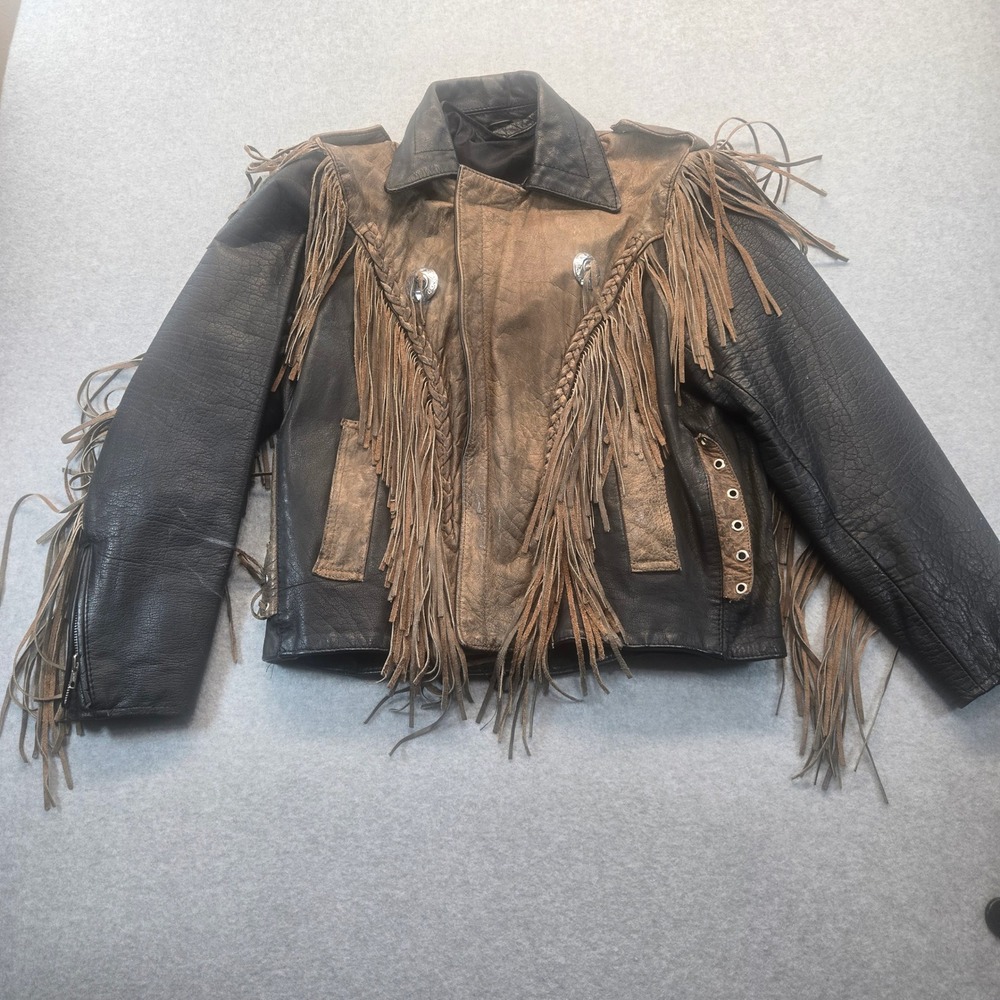 Vintage Two Tone Leather Fringe Western Biker Jacket Concho Lace Up Brown Black